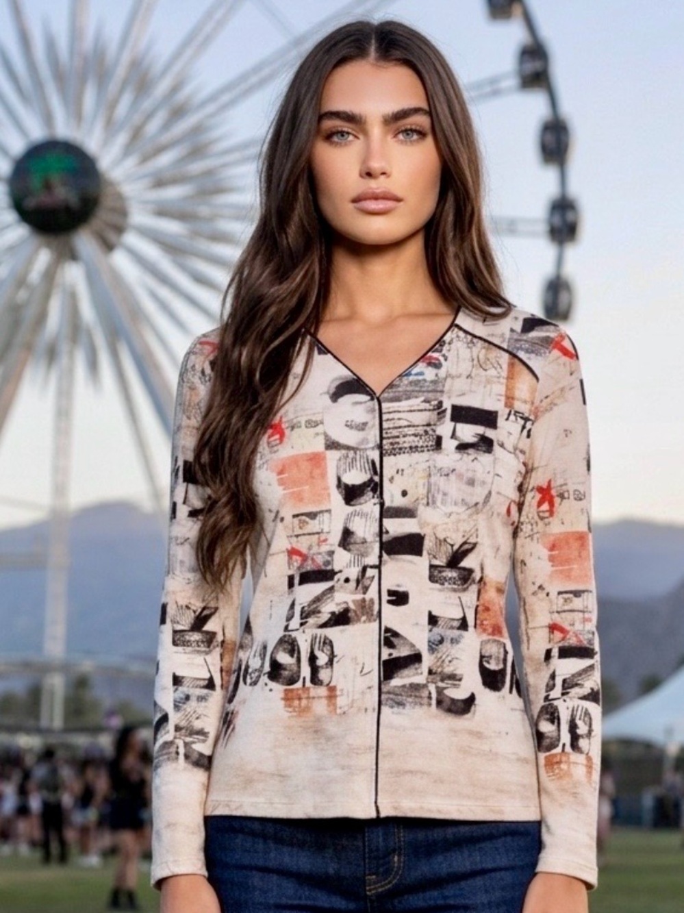 Woman’s Knitted V-Neck Abstract Print Top w/ Faux Button Detail M